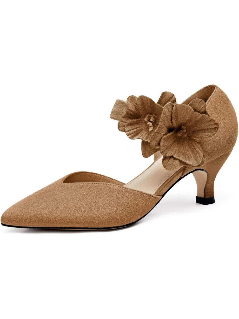 Women's Suede Camel Low Kitten Heels Closed Toe Flower Slip on Formal Heel Pumps